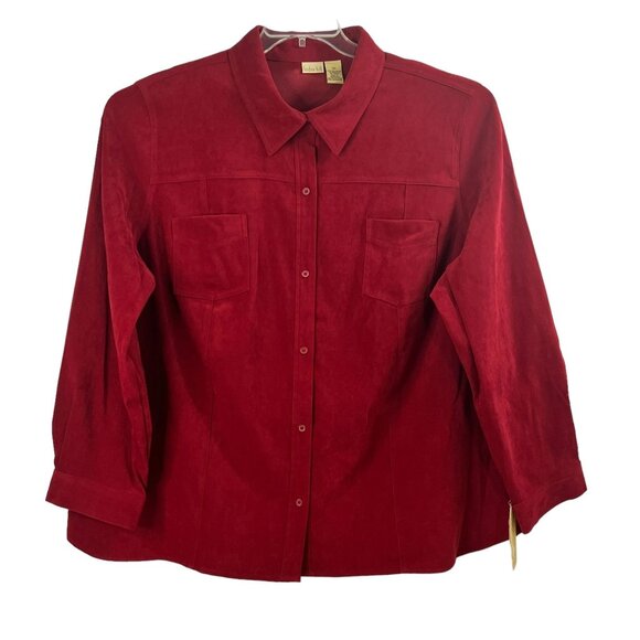 Linden Hill Womens Plus Top Blouse 3X Button Collared Long Sleeve Red Stretch NW - Picture 1 of 12